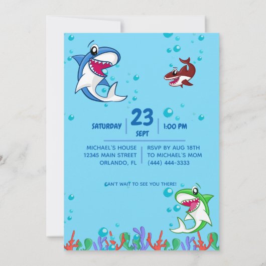 シャーク誕生日ファースト・デイ・海・キッズ 招待状 (裏面)