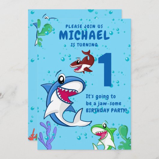 シャーク誕生日ファースト・デイ・海・キッズ 招待状 (正面/裏面)