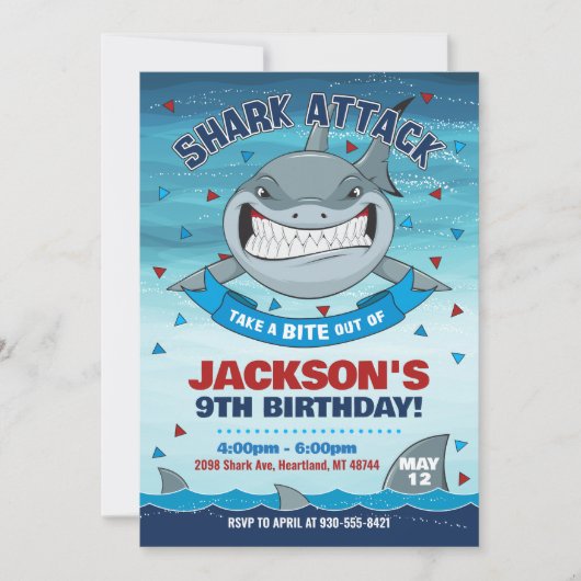 シャーク誕生日招待状、ボーイアンダーザシーパーティー 招待状 (正面)