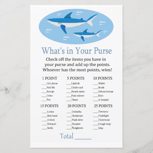 シャーク財布ゲームのベビーシャワーの中にあるものは何か (正面)