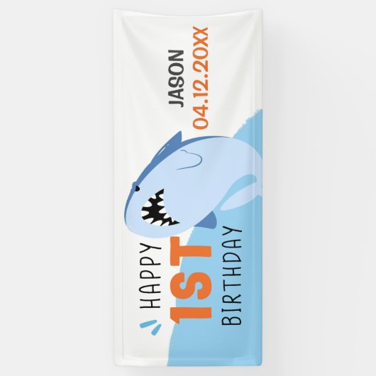 シャーク1th誕生日パーティー少年の名前カスタムバナー 横断幕 (縦)