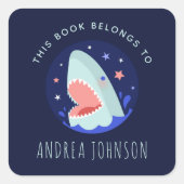 シャーク&おもしろいスターズネイビーブルー航海の蔵書票 スクエアシール (正面)