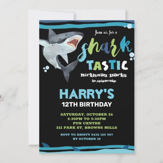 シャーク・タスティック誕生日パーティシャーク・ボーイズ・プールパーティー 招待状 (正面)