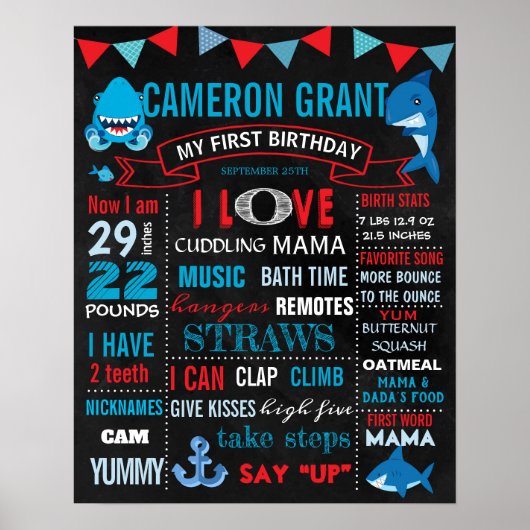 シャーク・ファースト誕生日の黒板の男の子のサイン ポスター (正面)