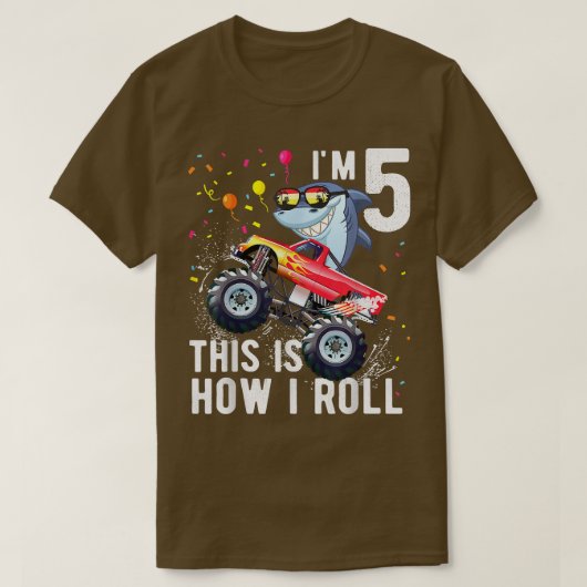 シャーク・モンスタートラック5誕生日少年少女 Tシャツ (デザイン正面)