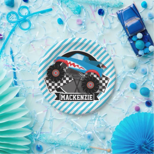 シャーク・モンスタ市松模様にー・トラック・青ストライプい ペーパープレート (パーティー)