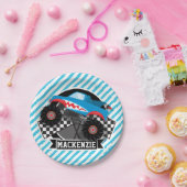 シャーク・モンスタ市松模様にー・トラック・青ストライプい ペーパープレート (パーティー)