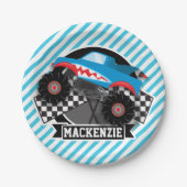 シャーク・モンスタ市松模様にー・トラック・青ストライプい ペーパープレート (正面)