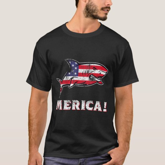 シャーク 7月4日 独立記念日 アメリカ国旗 Tシャツ (正面)