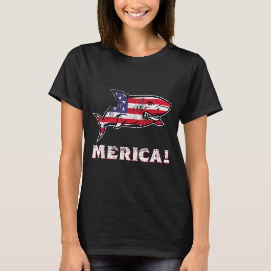 シャーク 7月4日 独立記念日 アメリカ国旗 Tシャツ (正面)