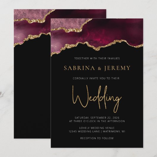 シャープなアゲートジオードのバーガンディーゴールドの結婚式招待状 招待状 (正面/裏面)