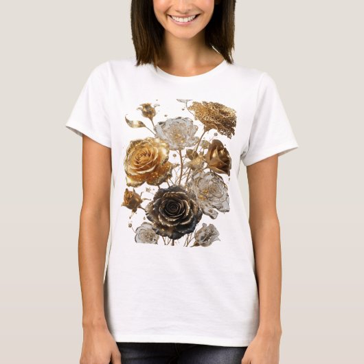 シャープなシルバーのGOLDEN ROSES Tシャツ (正面)