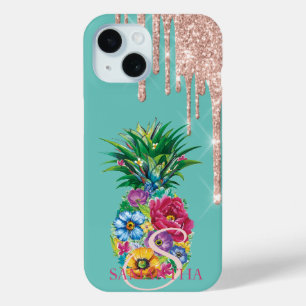 シャープなバラゴールドラメドリップスパイナップルミントグリーン iPhone 15ケース