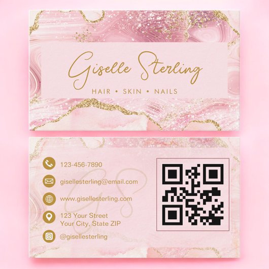 シャープな印象のピンクゴールドアゲート大理石QRコード高級感 名刺