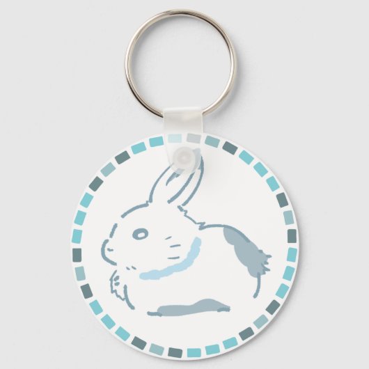 シャープな雪うさぎ&青タイルデザイン キーホルダー (正面)