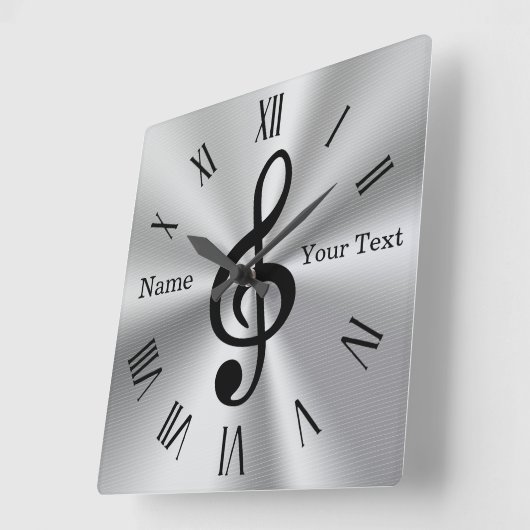 シャープパーソナライズされたトレブルクレフ、 音符記号クロック、シルバーブラック スクエア壁時計 (傾斜)