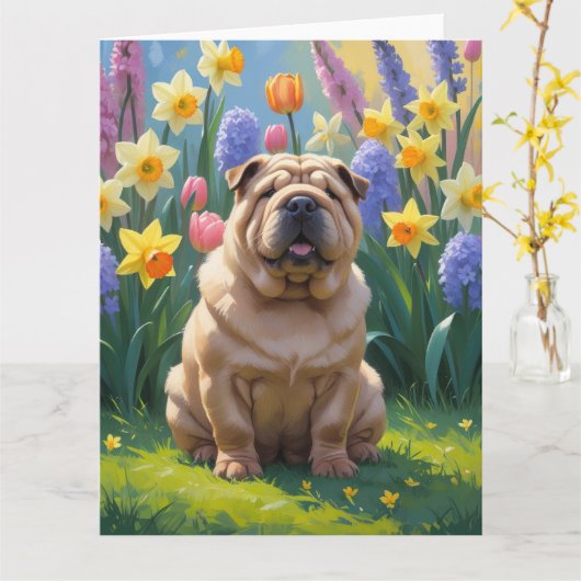 シャープ・ペイの犬と春の花の絵画 カード (黄色い花)