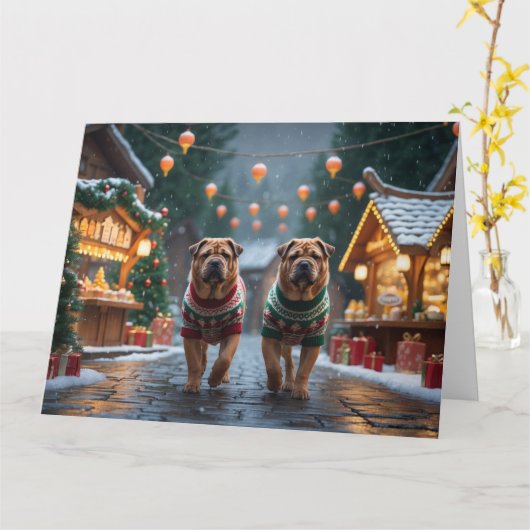 シャーペイ犬 クリスマス スノー ホリデー カード (黄色い花)