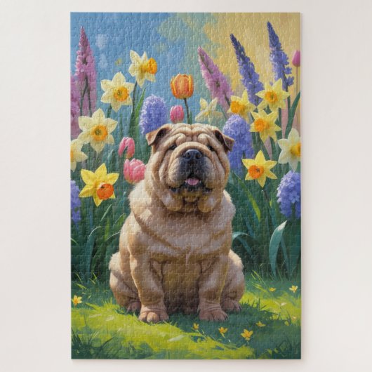 シャーペイ犬 春の花の絵 ジグソーパズル (縦)