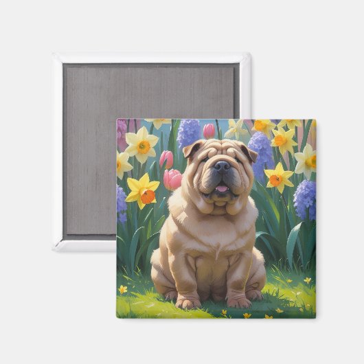 シャーペイ犬 春の花の絵 マグネット (正面/裏面)