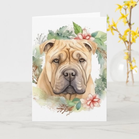 シャーペイ クリスマスリース 楽しい犬 カード (黄色い花)