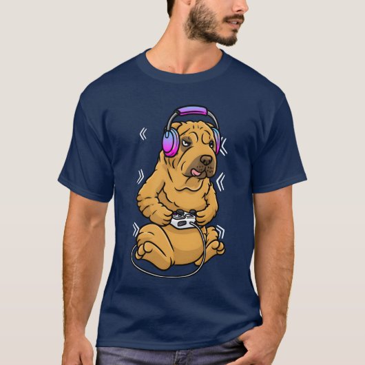 シャーペイ 犬 ビデオ ゲーム ゲーマー ゲーム好き 中国系家族 Tシャツ (正面)