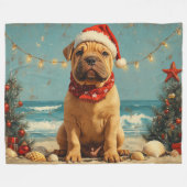 シャールペイドッグクリスマスヴィンテージビーチ フリースブランケット (正面(横))