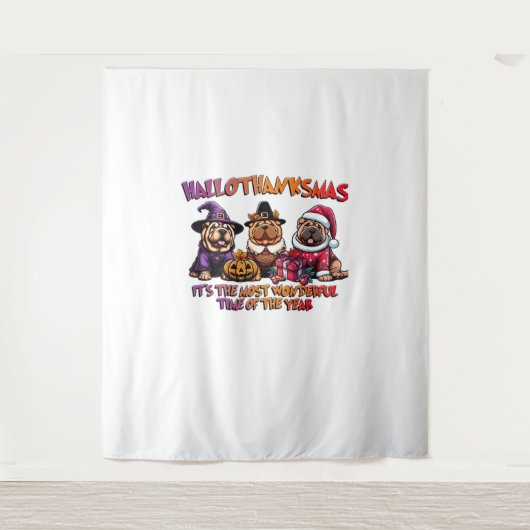 シャールペイハロウィンサンクスギビングクリスマスクラシック タペストリー (正面)