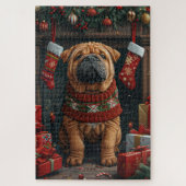 シャールペイ犬とクリスマスプレゼント暖炉 ジグソーパズル (縦)