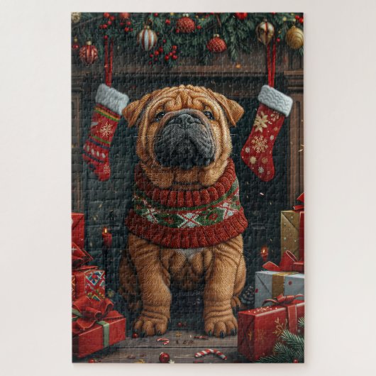 シャールペイ犬とクリスマスプレゼント暖炉 ジグソーパズル (縦)