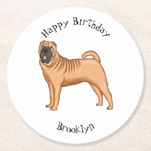 シャール中国のペイ犬の漫画イラストレーション ラウンドペーパーコースター (正面)