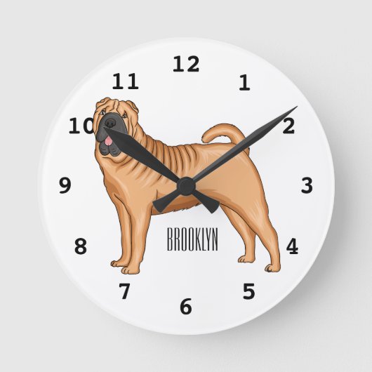 シャール中国のペイ犬の漫画イラストレーション ラウンド壁時計 (正面)