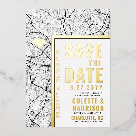 シャーロット・ラブロケーター |結婚式の日付の保存 箔招待状 (正面)