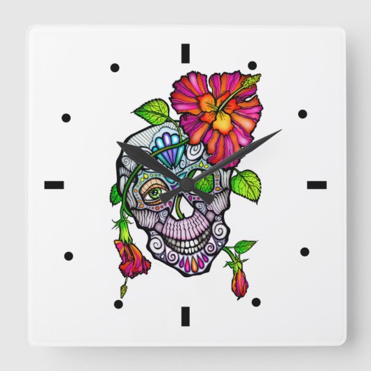 シュガースカルと花 スクエア壁時計 (正面)