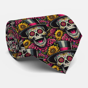 シュガースカルアート – トップハットとヒマワリCalavera ネクタイ