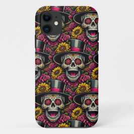 シュガースカルアート – トップハットとヒマワリCalavera iPhone 11 ケース