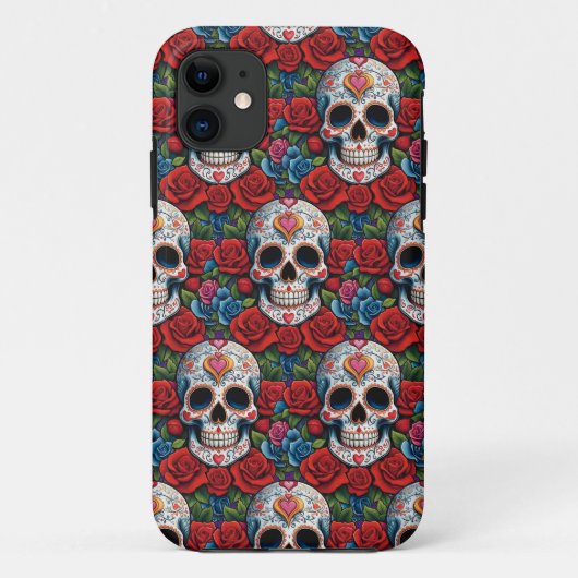 シュガースカルアート – ハートスカル&バラ Case-Mate iPhoneケース (裏面)