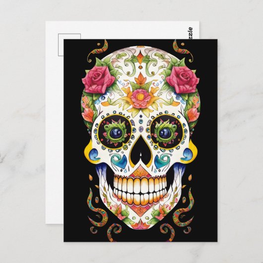 シュガースカルアート – フェスティバルとピンクローズ ポストカード (正面/裏面)