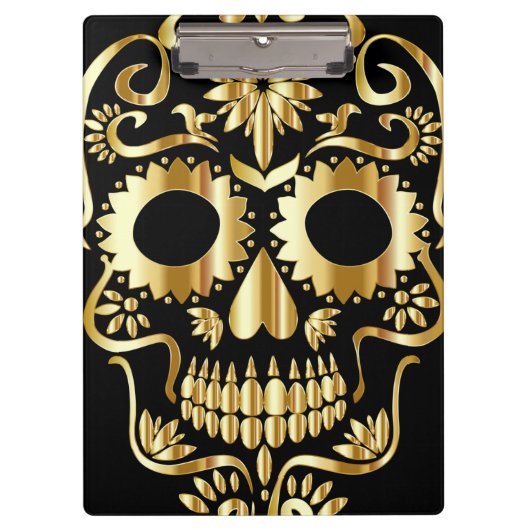 シュガースカルアート、Day of the Dead Black and金ゴールド クリップボード (正面)