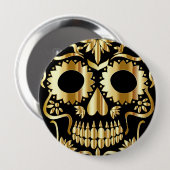 シュガースカルアート、Day of the Dead Black and金ゴールド 缶バッジ (正面&裏面)