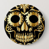 シュガースカルアート、Day of the Dead Black and金ゴールド 缶バッジ (正面)