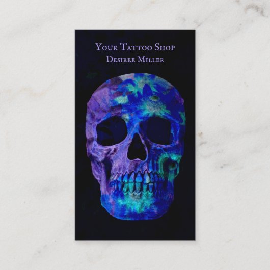 シュガースカルカラフルブルーティール(緑がかった色)パープルタトゥーショップ 名刺 (正面)