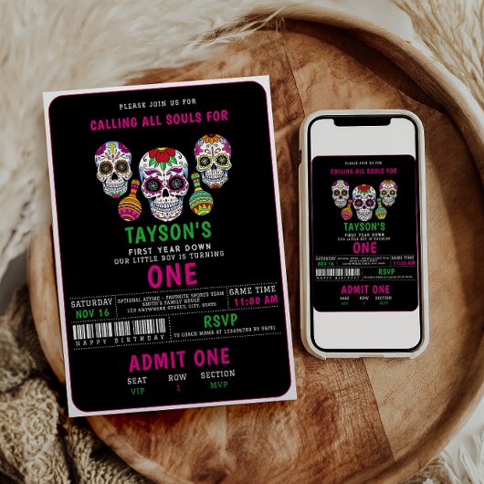 シュガースカルズデイ1st誕生日パーティーディカラフルア 招待状