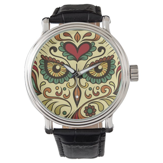 シュガースカルフクロウ – Tattooデザイン 腕時計 (正面)
