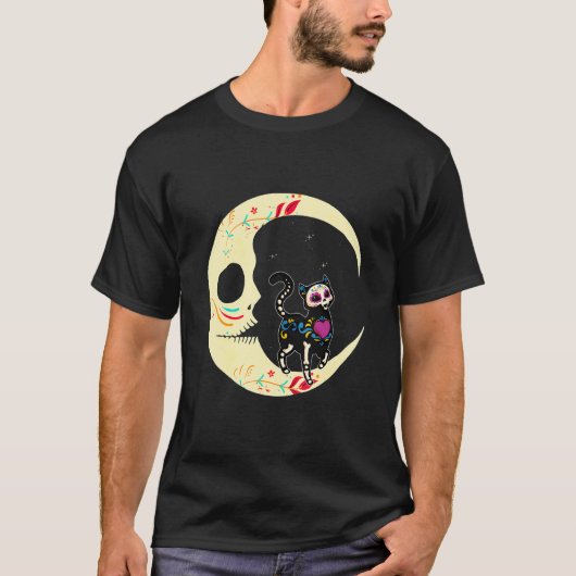 シュガースカル 猫 月 死者の日 メキシコ ダ Tシャツ (正面)