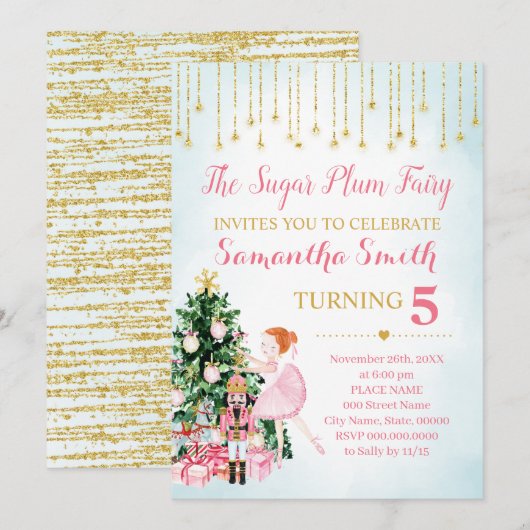 シュガープラムフェアリー くるみ割り人形 グリッター 冬 招待状 (正面/裏面)
