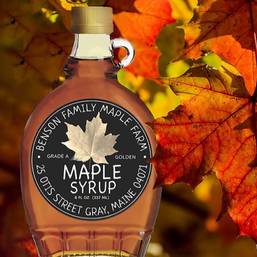 シュガーメープルリーフ付きブラックメープルシロップのラベル ラウンドシール