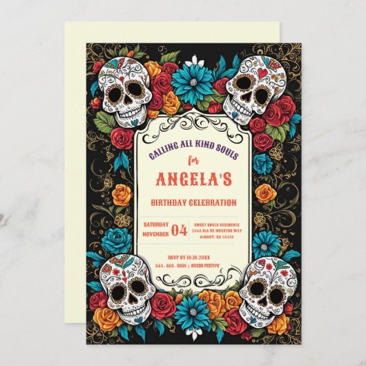 シュガ鮮やかースカルディアデロスムエルトス誕生日 招待状 (正面/裏面)