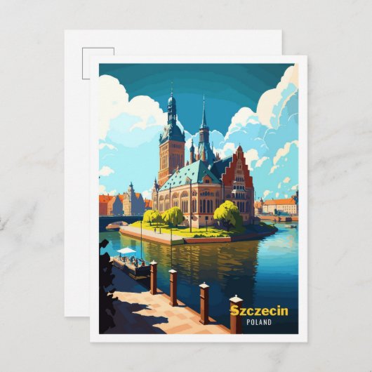 シュチェシンポーランドアートヴィンテージトラベルイラストレーション ポストカード (正面/裏面)