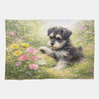 シュナウザーの子犬と春の花 キッチンタオル